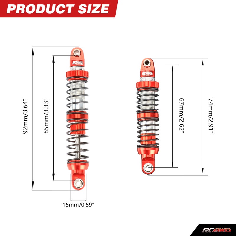 RCAWD 7075 80mm RC Shocks Universal for 1/10 RC Crawler Upgrades, Shock Absorber Dampers with Spring for SCX10 I II III Pro 90046 AXI231017 TRX4 TRX6 Redcat D90 MST Red - Image 2